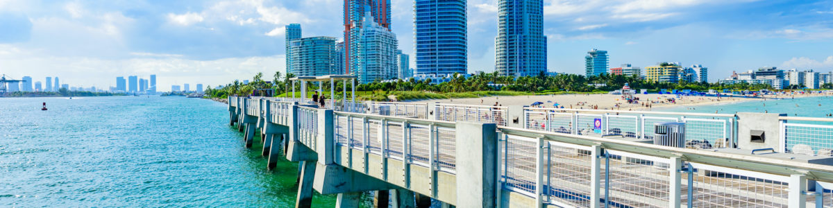 South Pointe Park and Pier at South Beach of Miami Beach. Paradise and tropical coast of Florida. USA.